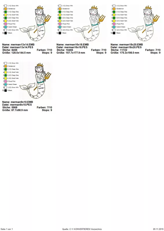 Stickdatei Merman in 4 Größen, Übersicht mit 4 Dateien, alle mit Meermann.