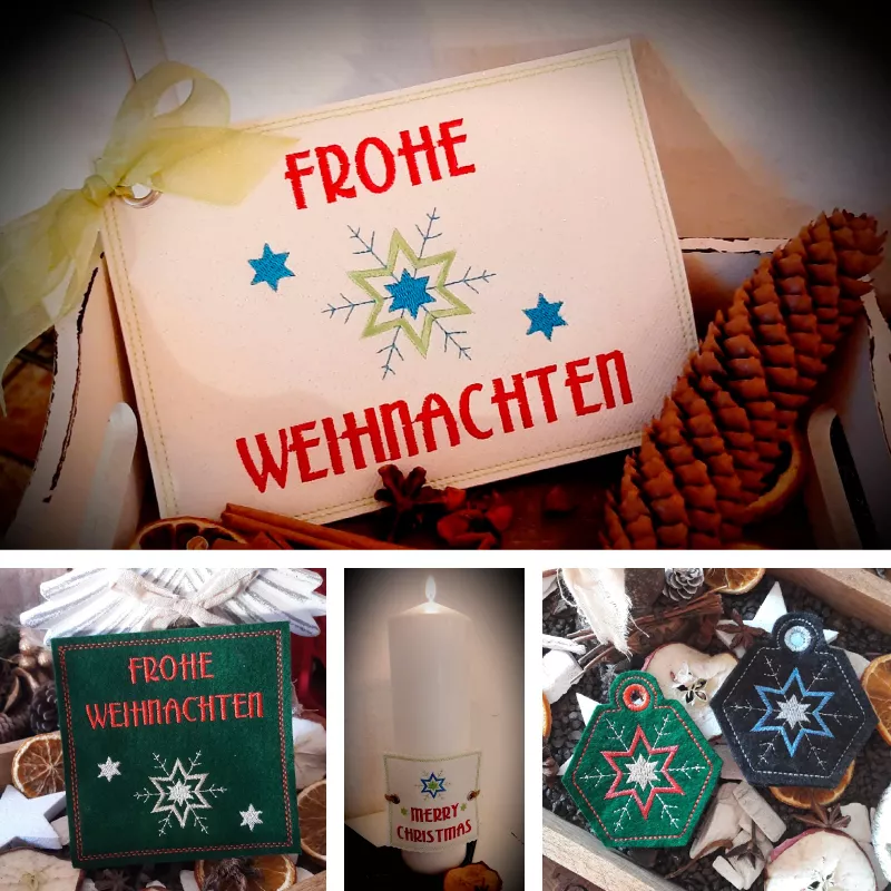 Stickdatei Set ITH Weihnachtskarten, Geschenkanhänger und Schriftzüge