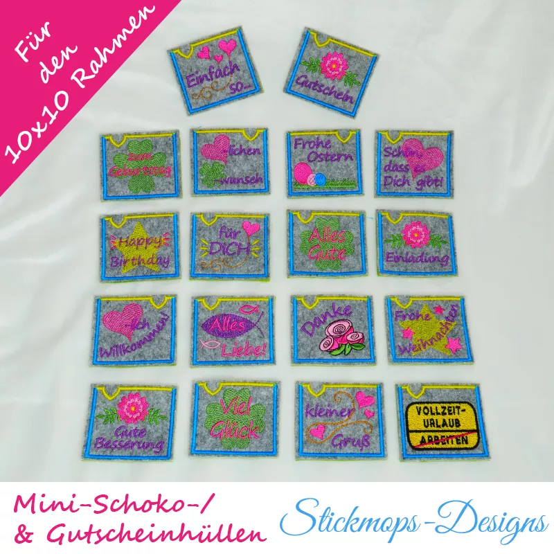 Stickdatei Set Mini ITH Schoko- und Gutscheinhüllen (10x10 Rahmen) für viele Anlässe
