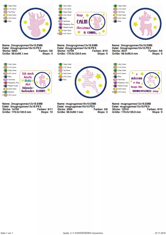 Stickdatei Set ITH Xmas Mug Rugs, Übersicht mit 6 Dateien. 3 mal rechteckiger querformatiger Tassenteppich mit variabel designtem Rentier auf kreisrundem Abstellplatz, daneben Schriftzug: "Keep calm Christmas is coming", bzw. "Ich mach heute blau, der Adv