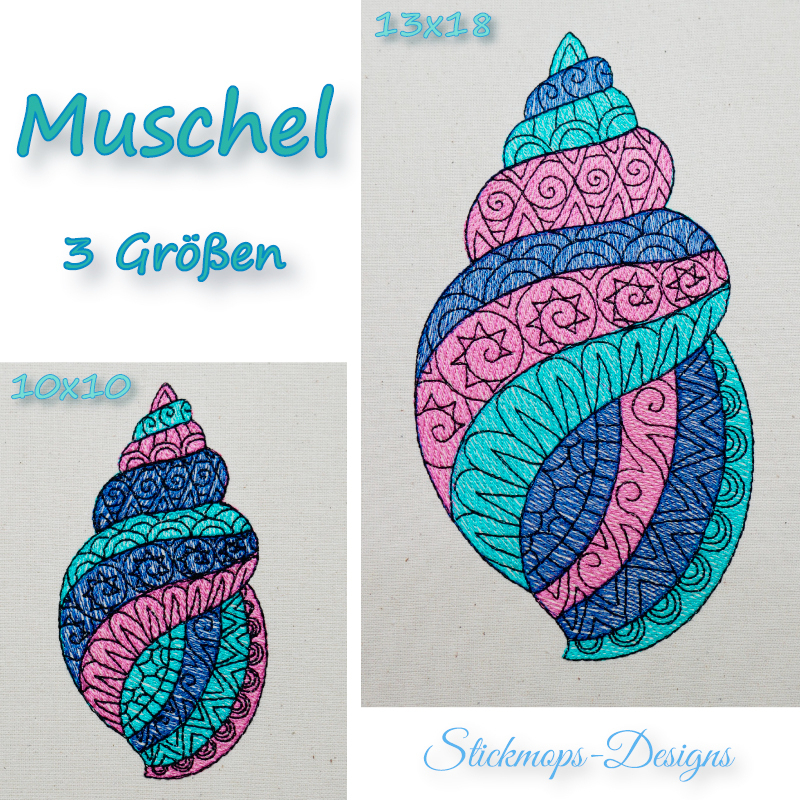 Preview: Muschel mit Mandalamuster in blau türkis und rosa getickt