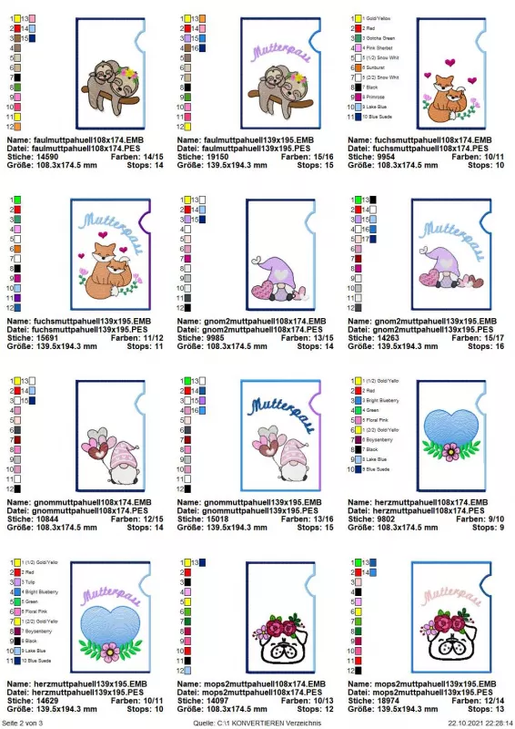 Stickdatei Set ITH Mutterpass-Hüllen für DE und AT + Einzelmotive, Übersicht über 12 Designs mit 6 diversen Stickmotiven, jedes einmal mit und ohne Schriftzug "Mutterpass". Motive: Faultiere auf Ast; Füchse; sitzender Gnom; Gnom mit Herzluftballons; Herz 