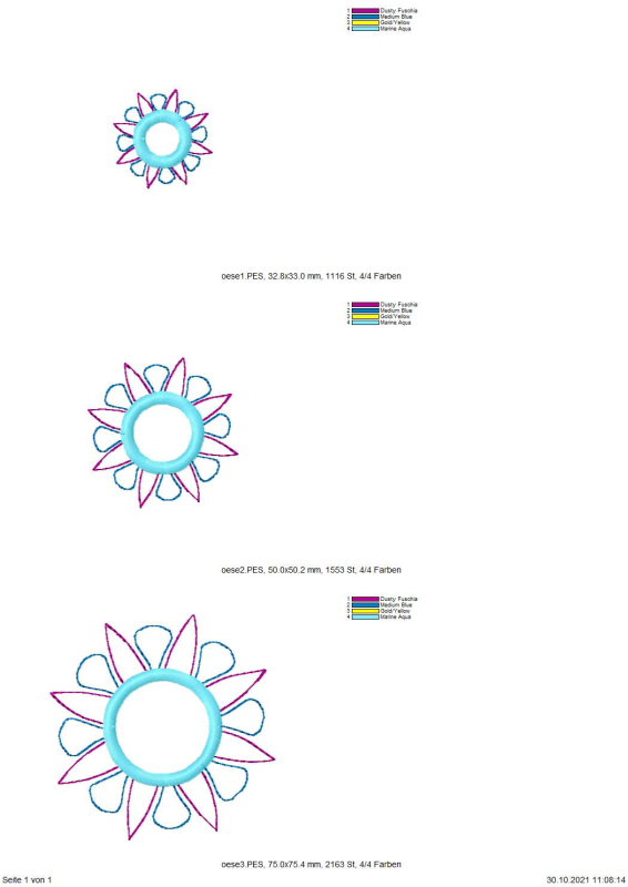 Preview: Freebie Stickdatei Öse, Übersicht mit 3 Dateien unterschiedlicher Größe für gestickte Zierösung in Form einer strahlenartigen mehrfarbigen Blüte.