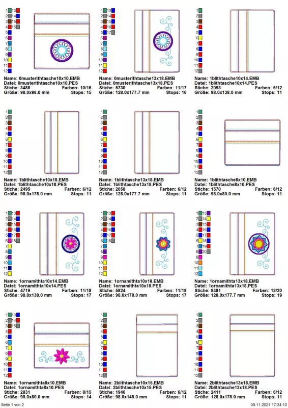 Stickdatei Set ITH Reißverschluss Taschen mit Ornamenten (ab 10x10), Übersicht mit 12 Einzeldateien, dabei alle Taschen rechteckig mit Reißverschluss im oberen Bereich:
4 mal Querformat, ornamentlos, unterschiedliche Größen und 2 mal Hochformat, ornamentl