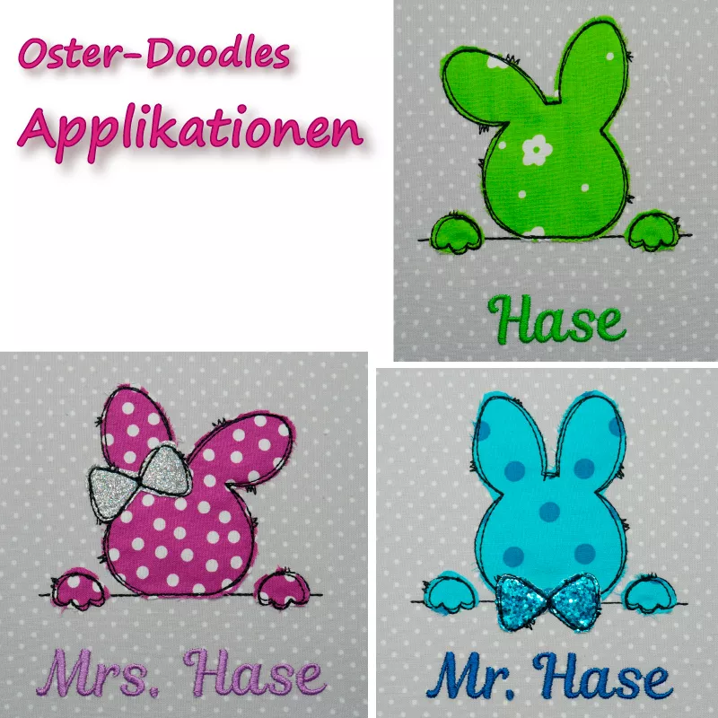 Stickdatei Set Oster-Doodles als Applikationen & Vollstick inkl. Schriftzüge, 3 unterschiedliche Abbildungen stilisierter Hasenkopfumrisse mit angedeuteten Pfoten: Grüne Applikation mit hellem Blümchen und weißen Pünktchen und der Schrift "Hase", pinke Ap