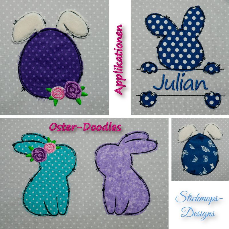 Preview: Stickdatei Set Oster-Doodles als Applikationen & Vollstick inkl. Schriftzüge, 4 Abbildungen: Lila und gepunktete Eiform mit flauschigen hellen Hasenohren und zwei Rosenköpfen (rosa und dunkelpink); zwei einander zugewandte Hasensilhouetten, in türkis mit