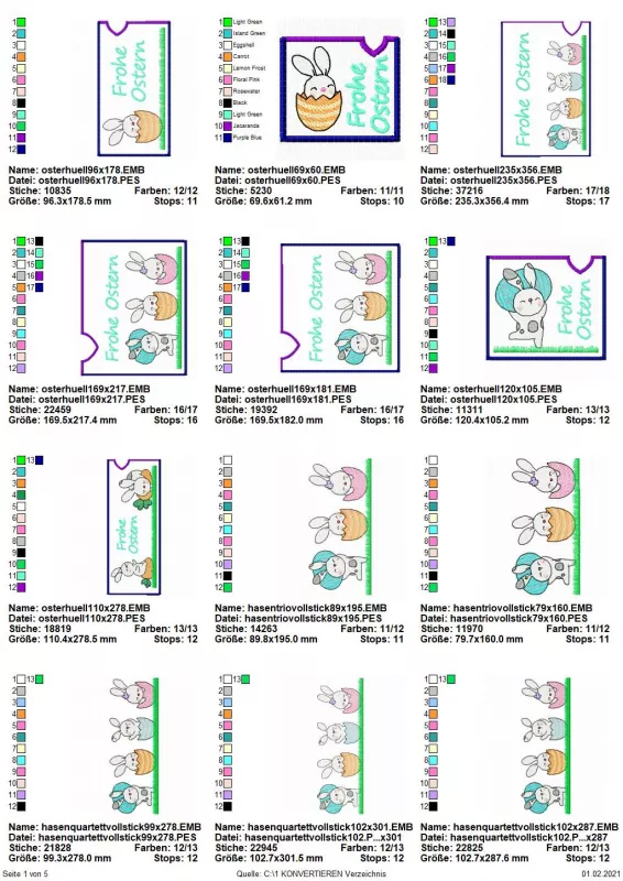Stickdatei Set Osterhüllen ITH Geschenk- und Schokoladenhüllen + Einzelmotive, Übersicht mit 12 Designs. 7 mal Hülle in Rechteckformaten mit Hasendesign mit Ei/in Eierschale, bzw. Hasen mit Karotten. 5 mal Design mit 3 oder 4 Hasen mit Ei/in Eierschale.