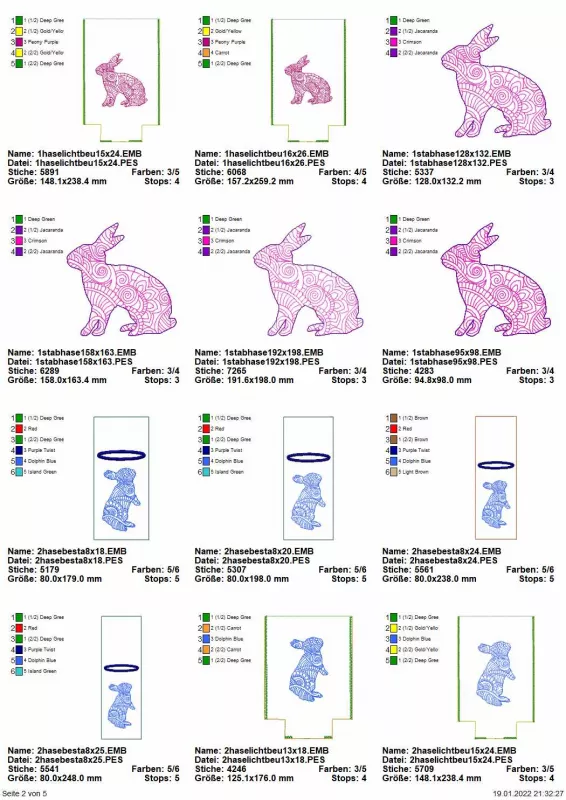Stickdatei Sparset ITH Ostermandala-Deko, Übersicht mit 12 Dateien, diverse Größen. 4 mal Bestecktaschen in Hochkant mit stehendem Kaninchen; 4 mal Lichtbeutel, stehendes bzw. sitzendes Kaninchen; 4 mal alleiniges Ornament sitzendes Kaninchen.
