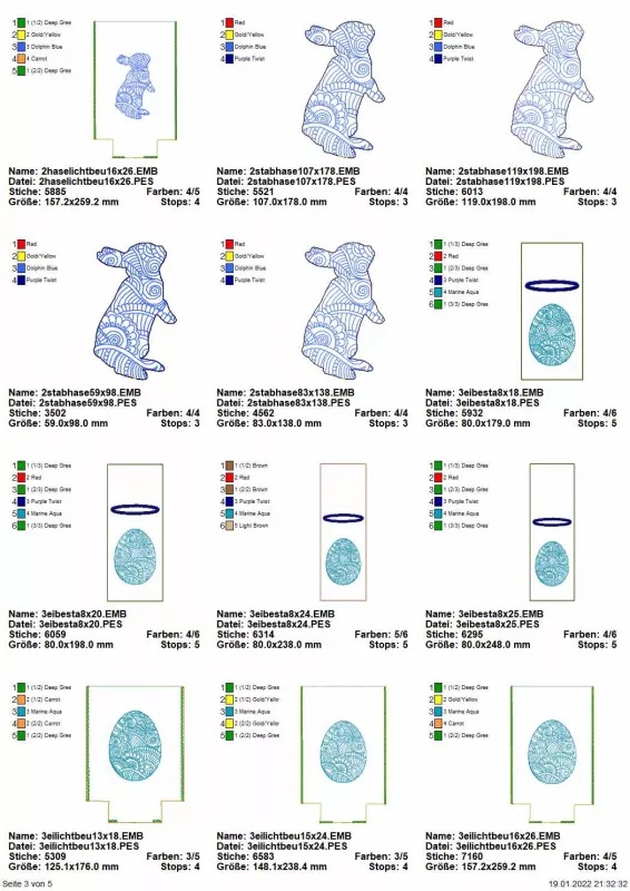 Stickdatei Sparset ITH Ostermandala-Deko, Übersicht mit 12 Dateien diverser Größen mit filigraner Bestickung. 4 mal Bestecktaschen in Hochkant mit Osterei ; 4 mal Lichtbeutel, stehendes Kaninchen bzw. Osterei; 4 mal alleiniges Ornament stehendes Kaninchen