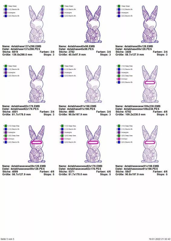 Stickdatei Sparset ITH Ostermandala-Deko, Übersicht zeigt 9 Designs mit je demselben Hasenornament, filigraner lila Stick. 4 Hasen mit Einstecköse unterhalb der Ohren, 5 Hasen ohne.