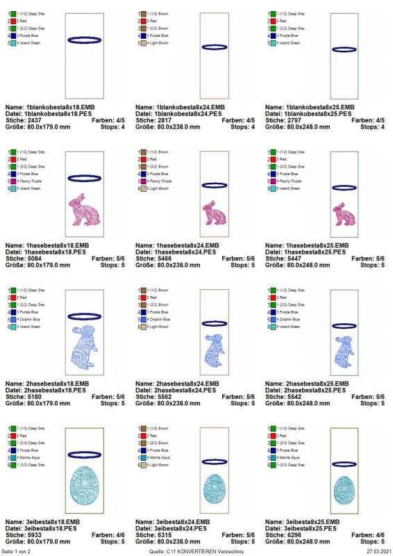 Preview: Stickdatei Set ITH Bestecktaschen Ostermandala, Übersicht über 12 Dateien, Hochkantformat. 3 mal Blanko; 9 mal Taschen unterschiedlich großer Bestickung: 3 mal pinkes Kaninchen; 3 mal blaues Kaninchen; 3 mal Osterei.
