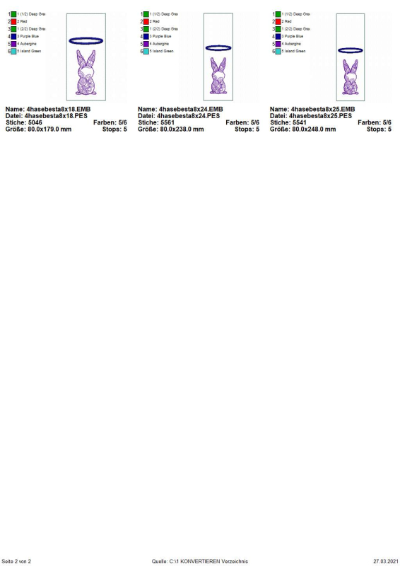 Preview: Stickdatei Set ITH Bestecktaschen Ostermandala. Übersicht mit 3 Hochkant-Taschen, jede mit Kaninchenmotiv in filigraner Stickerei, unterschiedliche Größen.