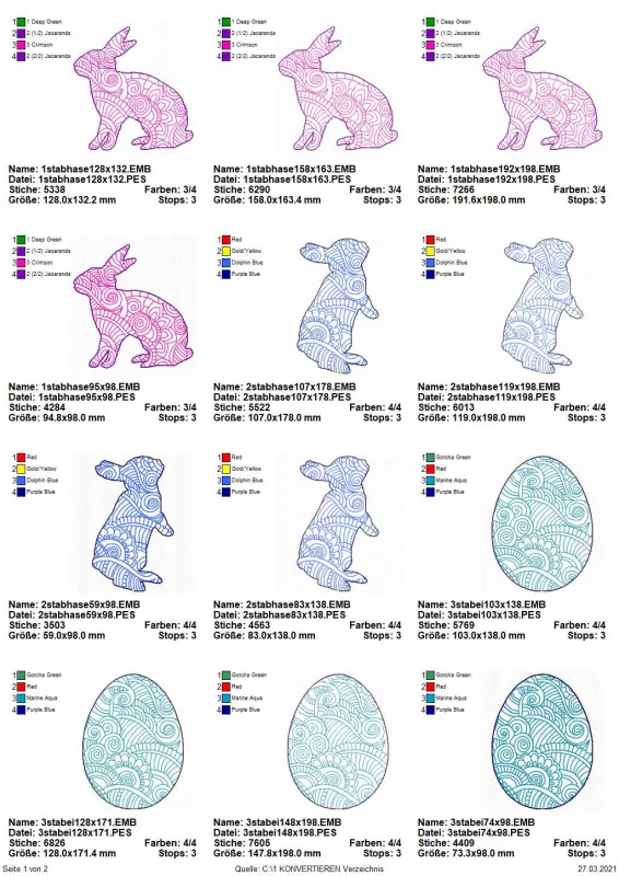 Übersicht Stickdatei Set ITH Stabdesign Ostermandala Teil 1