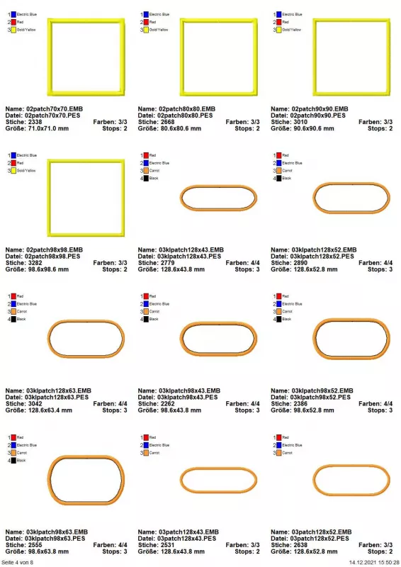 Stickdatei Set Blanko-Patches Aufnäher (mit und ohne Klett auf der Rückseite umsetzbar), Übersicht mit 12 Dateien, alle blanko. 4 mal quadratisch; 8 mal oval in diversen breiten.