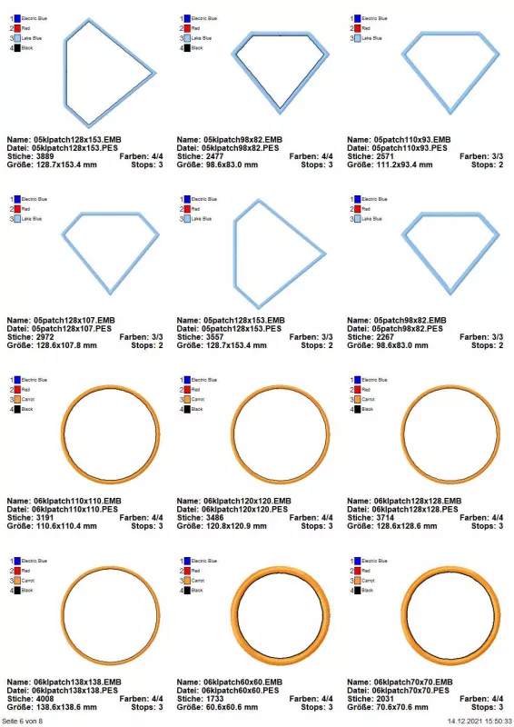 Stickdatei Set Blanko-Patches Aufnäher (mit und ohne Klett auf der Rückseite umsetzbar), Übersicht mit 12 Dateien. 6 mal kreisrund; 6 mal Diamantform.