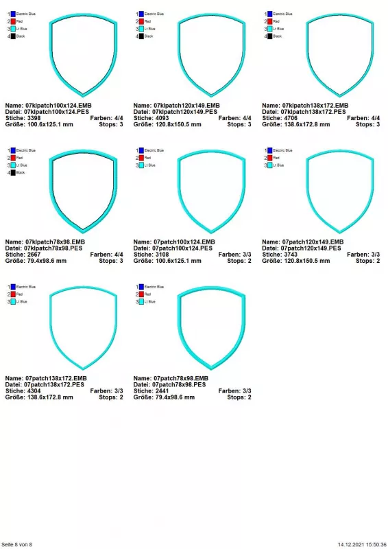 Stickdatei Set Blanko-Patches Aufnäher (mit und ohne Klett auf der Rückseite umsetzbar), Übersicht mit 8 Dateien. Alle blanko und Schildform, unterschiedliche Umrandungsbreiten.