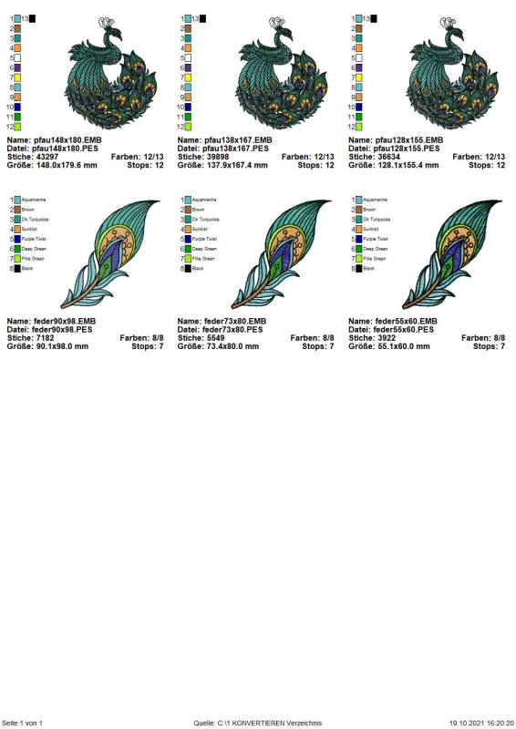 Preview: Stickdatei Set Pfau Übersicht