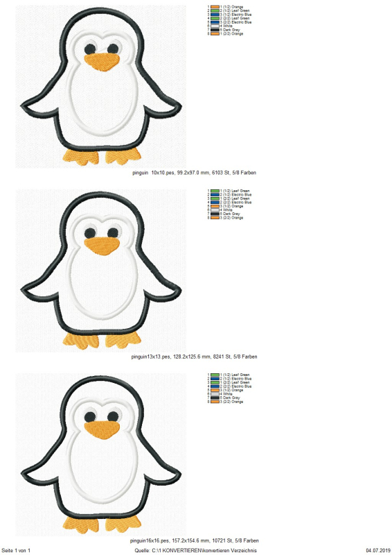 Preview: Stickdatei Pinguin Applikation in 3 Größen, Übersicht mit 3 Dateien, jeweils Pinguin mit leicht abgespreizten Flügeln.