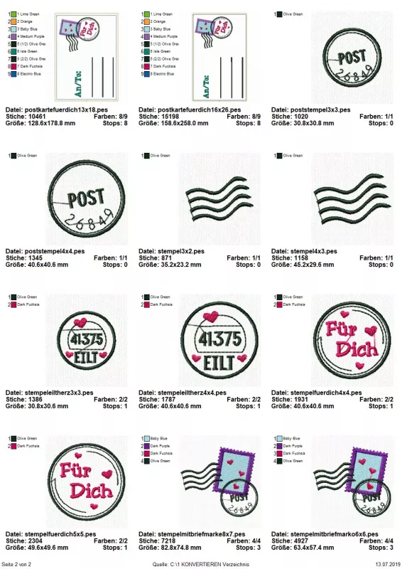 Stickdatei Set ITH Postkarten inkl. Abwandlung zur Geschenktasche (div. Größen), Übersicht mit 12 Dateien. 2 mal komplette Karte "An/To:" mit Adresslinien, Marke und Stempeln, die diverse Schriftzüge enthalten. 2 mal Stempel "POST"; 2 mal Stempel "EILT"; 