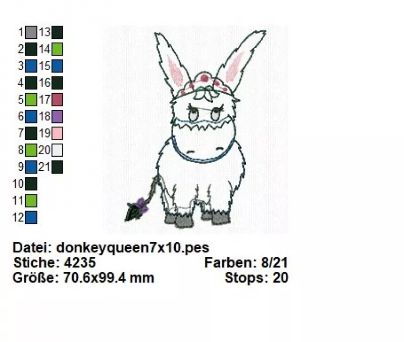 Stickdatei Set Princess and Queen Abby Doodle Applikation in diversen Größen. Übersicht zeigt 1 Datei: Esel mit Diadem auf dem Kopf und Schleifchen am Schwanz.