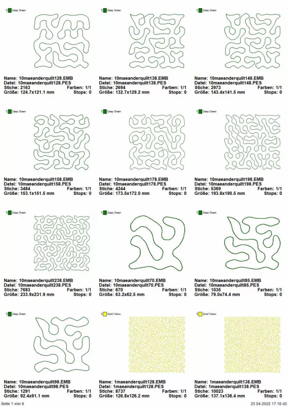 Übersicht Seite 1 Stickdatei Set Quiltblocks Vol. I - Basics Mäanderfüllung 10 Größen je 10 Designs