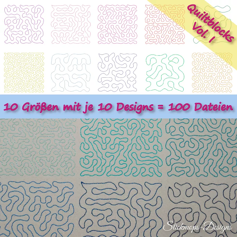 Stickdatei Set Quiltblocks Vol. I - Basics Mäanderfüllung 10 Größen je 10 Designs