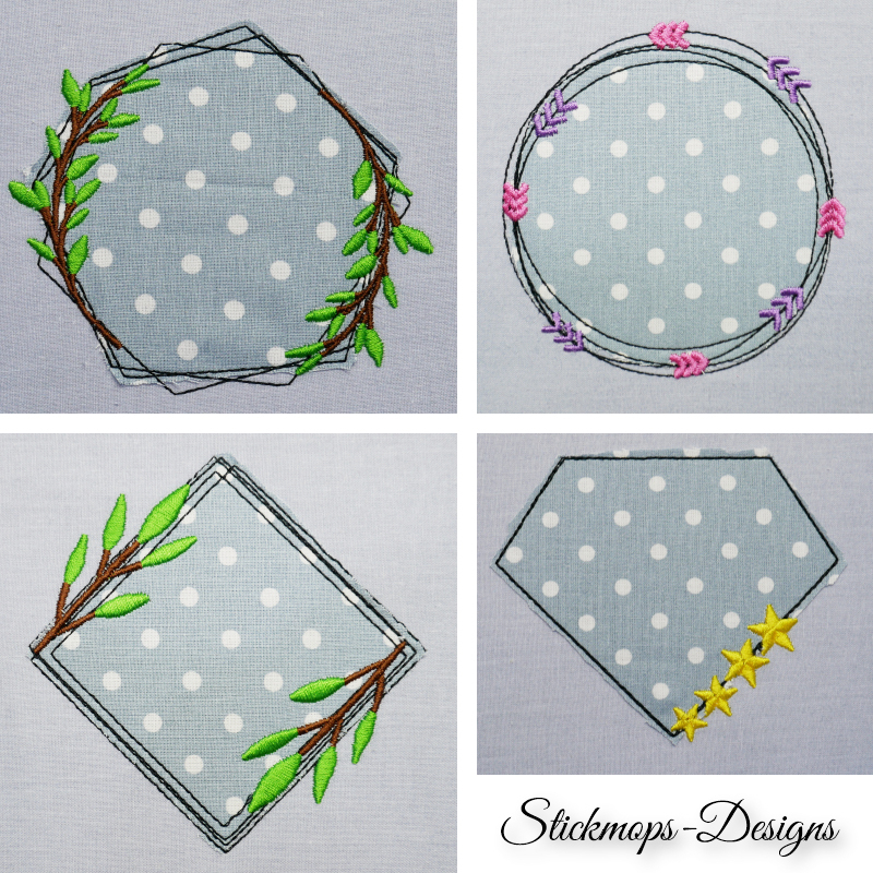 Preview: Stickdatei Set Floral Frames Doodle Applikationen, 4 Fotos mit je 1 unterschiedlichen Ausfertigung, Applikation je grauer Stoff, weißgepunktet, auf grauem Untergrund. Unterschiedliche Abstickungen: Runder Kranz mit 2 Blattranken; runder Kranz