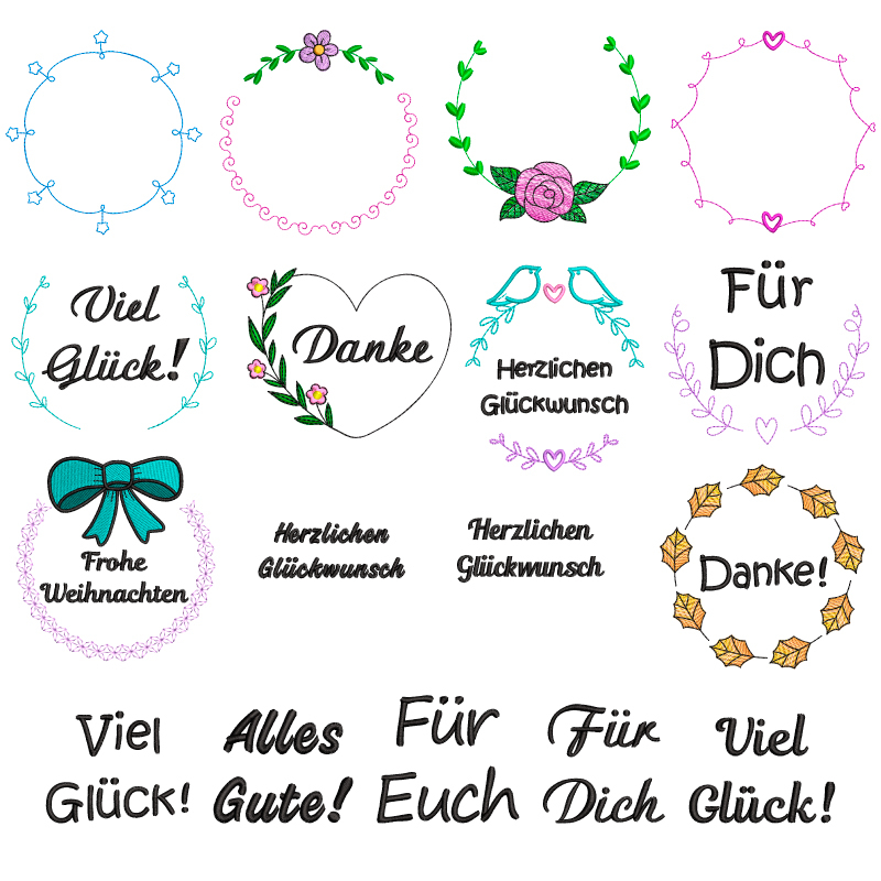 Preview: Stickdatei Set florale Rahmen + Schriftzüge
