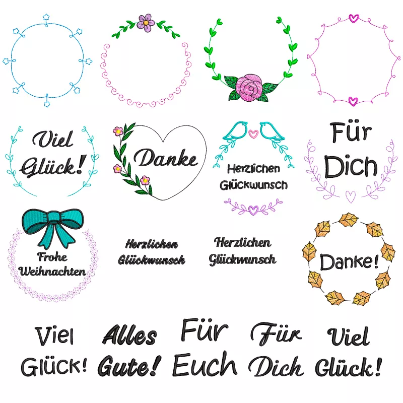 Stickdateien mit bunten floralen Rahmen und Schriftzügen wie Viel Glück, Danke, Alles Gute und Frohe Weihnachten.