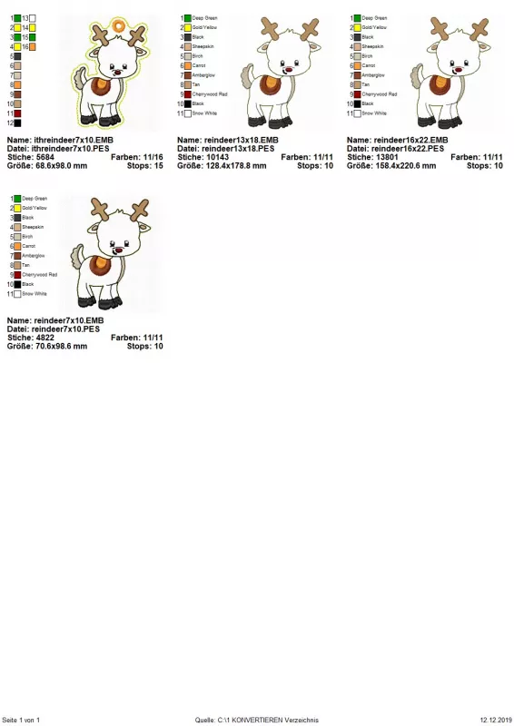 Stickdatei Rentier Applikation + ITH Anhänger, Übersicht mit 4 Rentier-Dateien. 1 mal geöster Anhänger, 3 mal Applikation.