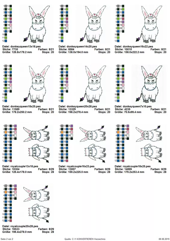 Stickdatei Set Royaldonkey Doodle Applikation in diversen Größen, Übersicht über 10 Dateien mit Esel. 6 mal Esel mit Diadem; 4 mal Eselpaar: Einer mit Krone, einer mit Diadem.