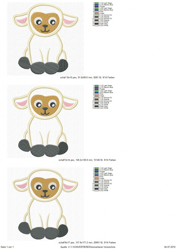 Preview: Stickdatei Schaf Applikation in 3 Größen. Übersicht zeigt 3 Dateien, jeweils ein sitzendes Schaf.