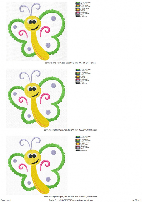 Stickdatei Schmetterling Applikation in 3 Größen. Übersicht zeigt 3 Dateien, jeweils ein Schmetterling mit weit gespreizten Flügeln.