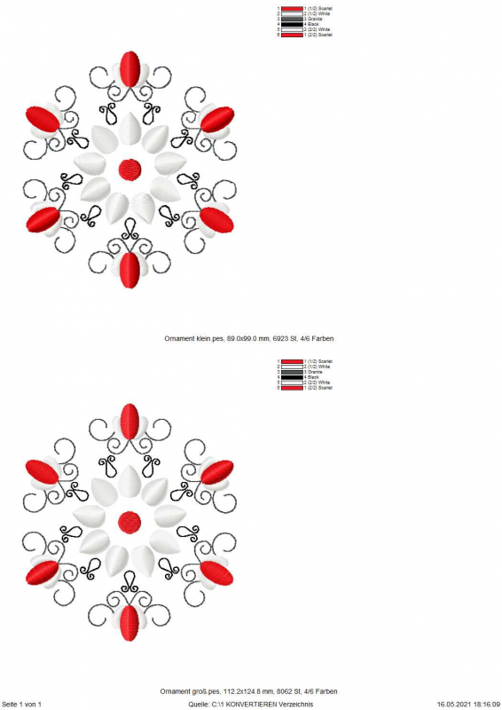 Preview: Stickdatei Schnörkel-Ornament Set 8,9 x 9,9 und 11,2 x 12,5 cm, Übersicht mit 2 Dateien in kreisrunder Gesamtoptik.