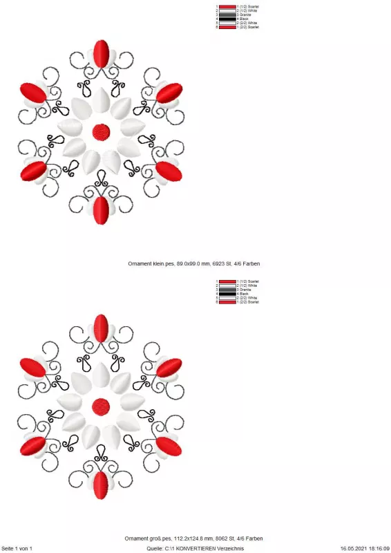 Stickdatei Schnörkel-Ornament Set 8,9 x 9,9 und 11,2 x 12,5 cm, Übersicht mit 2 Dateien in kreisrunder Gesamtoptik.