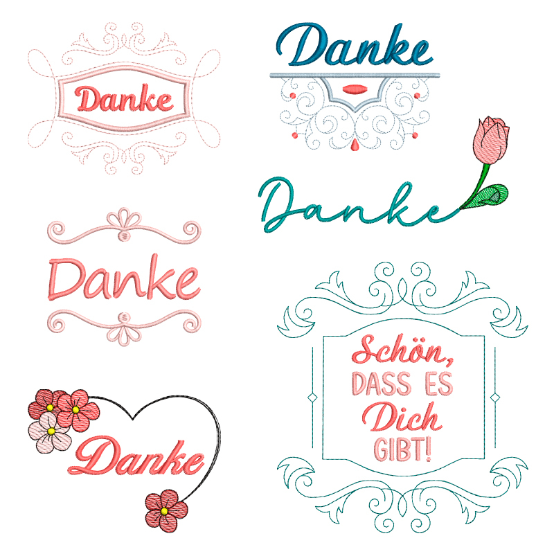 Preview: Stickdatei Set Danke mit ITH Schokohüllen, Anhängern, Grußkarten & Einzelmotiven