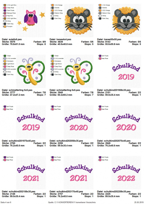 Stickdatei Set Schulanfang (div. Rahmengrößen), Übersicht mit 12 Dateien. 1 mal Eule; 2 mal Löwenkopf; 2 mal Schmetterling; 7 mal Schriftzug "Schulkind 2019/Schulkind 2020; Schulkind 2021; Schulkind 2022".