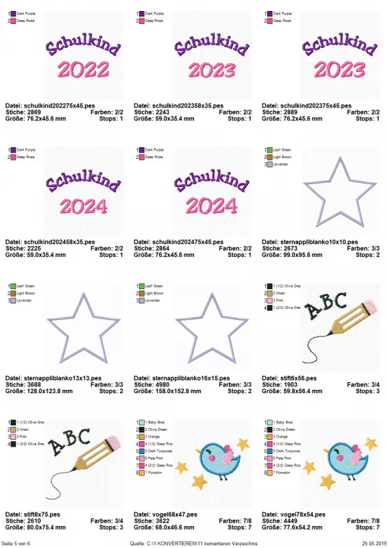 Stickdatei Set Schulanfang (div. Rahmengrößen), Übersicht mit 12 Dateien. 5 mal "Schulkind 2022/Schulkind 2023/Schulkind 2024"; 3 mal Stern; 2 mal Bleistift "ABC"; 2 mal Vogel.