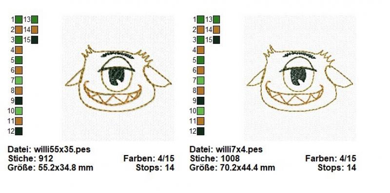 Stickdatei Set Schulanfang (div. Rahmengrößen), Übersicht mit 2 Dateien, beide Monsterkopf.