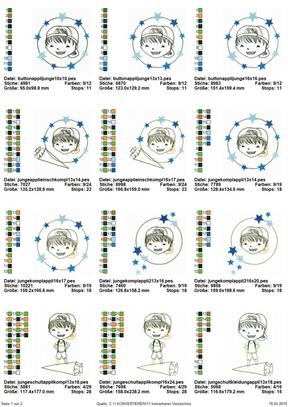 Stickdatei Set Schulkinder Sophie und Liam (div. Rahmengrößen), Übersicht mit 12 Dateien. 7 mal Jungenkopf im Sternenkreis, dabei 2 mal zusätzlich am Kreis Schultüte; 2 mal umkreister Jungenkopf mit Sternenansammlungen; 3 mal stehender Junge mit liegender
