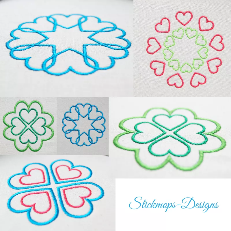 Stickdatei Set Herz Ornamente 8 x 8 / 7,6 x 7,5 / 7 x 7 / 7,2 x 7,2 cm
