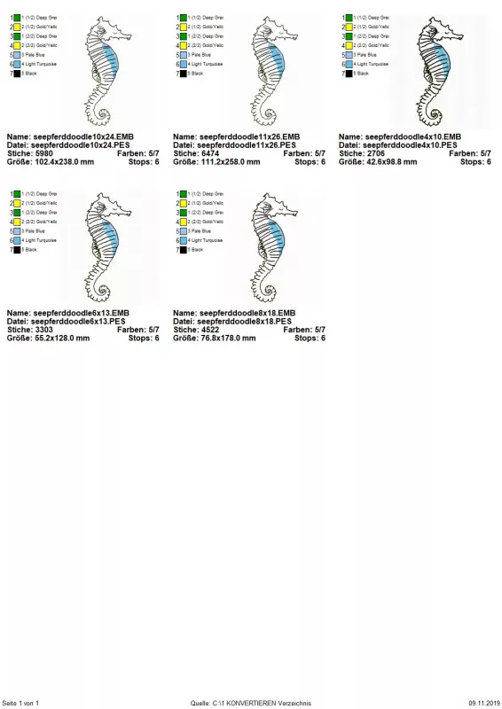Stickdatei Seepferdchen in 5 Größen, Übersicht mit 5 Dateien, alle Seepferdchen.
