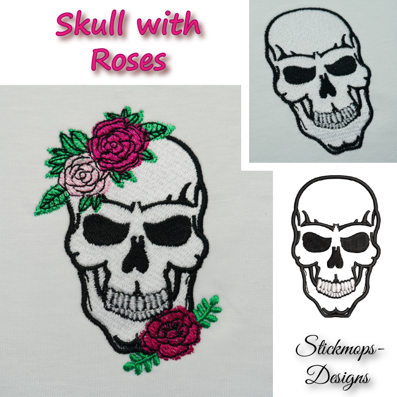 Preview: Stickdatei Set Skull with Roses in verschiedenen Variationen