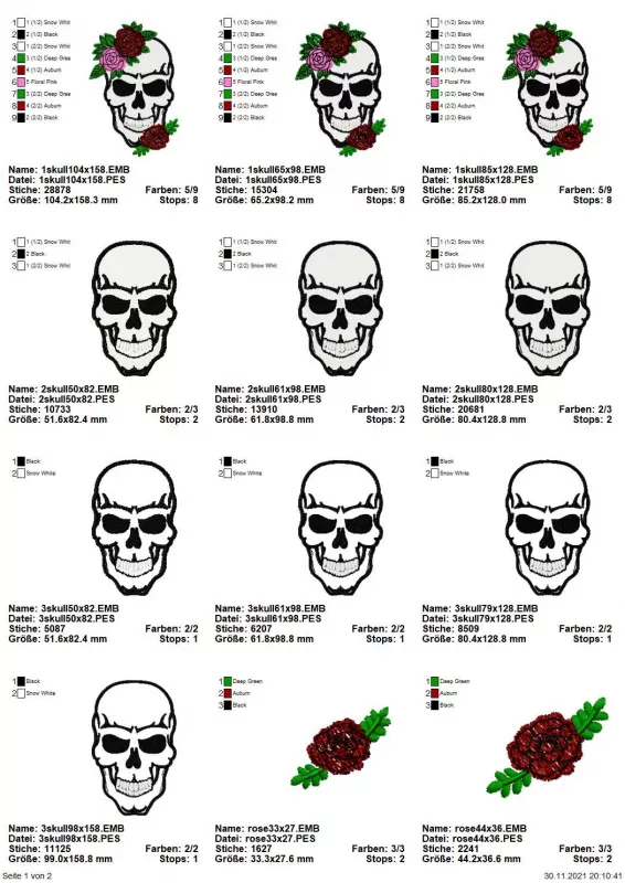 Stickdatei Set Skull with Roses in verschiedenen Variationen Übersicht
