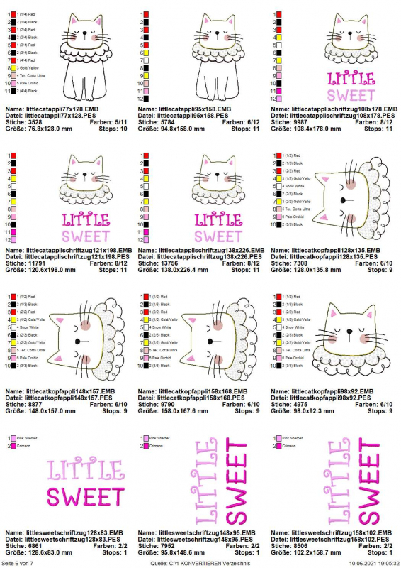 Stickdatei Spar-Set Cat Doodle Applikationen inkl. ITH Anhänger, Übersicht mit 12 Dateien. 2 mal Katze mit Halskrause, 7 mal Katzenkopf Halskrause, teils mit Schriftzug "Little Sweet", 3 mal nur ebendieser Schriftzug.
