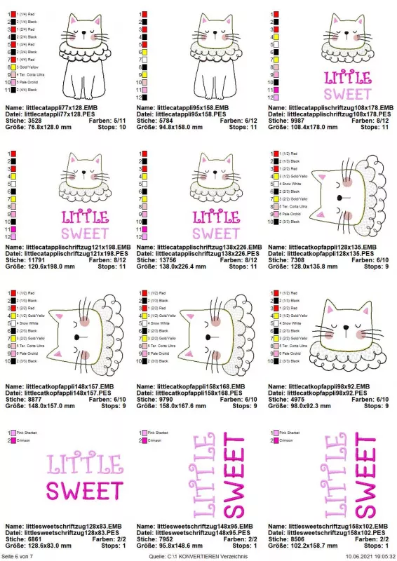 Stickdatei Spar-Set Cat Doodle Applikationen inkl. ITH Anhänger, Übersicht mit 12 Dateien. 2 mal Katze mit Halskrause, 7 mal Katzenkopf Halskrause, teils mit Schriftzug "Little Sweet", 3 mal nur ebendieser Schriftzug.