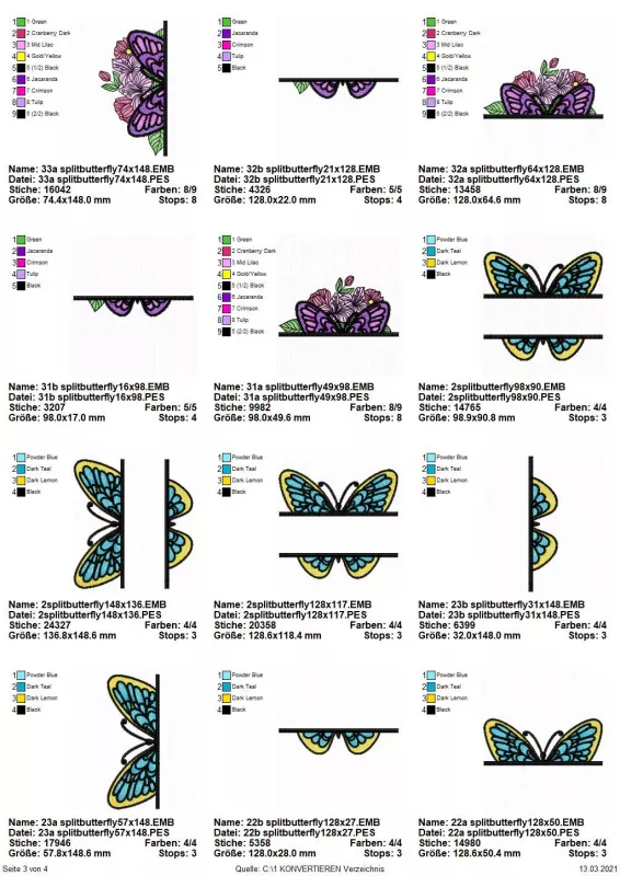 Stickdatei Sparset Splitted Butterflies in verschiedenen Größen. Übersicht über 12 Dateien: Bunter Schmetterling vor buntem Blütenbukett, davor quer Aussparung für Schriftzug: 3 mal oberer Hälfte; 2 mal untere Hälfte. Außerdem blau-gelber Schmetterling mi