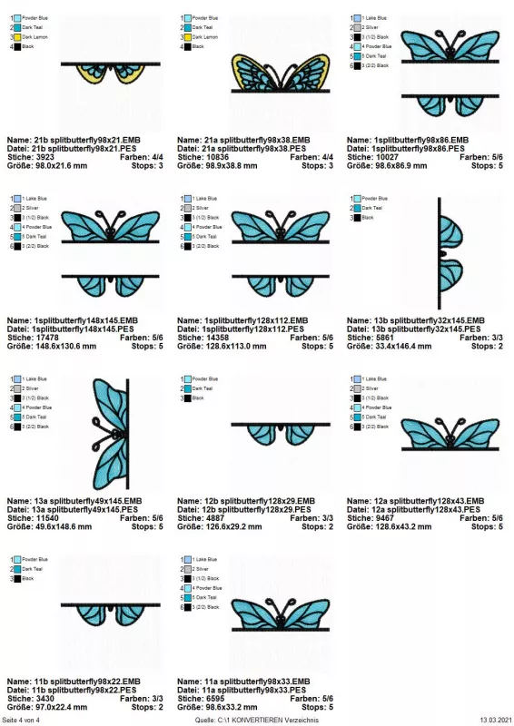 Stickdatei Sparset Splitted Butterflies in verschiedenen Größen. Übersicht über 11 Dateien: blau-gelber Schmetterling, davor quer Aussparung für Schriftzug: 1 mal untere Hälfte; 1 mal obere Hälfte. Weiterhin Schmetterling blau-schwarz mit Schriftzug-Aussp