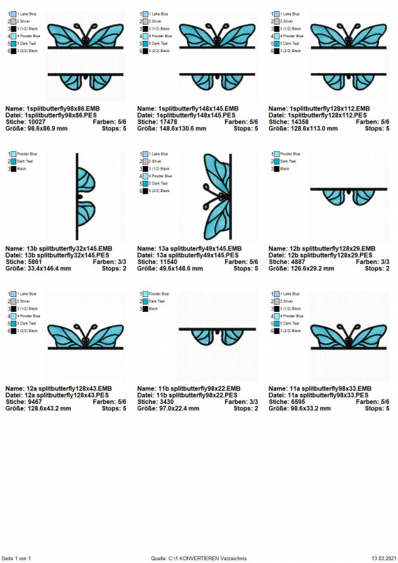 Preview: Stickdatei Split Butterfly 1, Übersicht über 9 Dateien. 3 mal türkis-schwarzer Schmetterling mit mittig quer davor befindlicher Aussparung für Schriftzüge. 3 mal nur obere Querhälfte, 3 mal nur untere.
