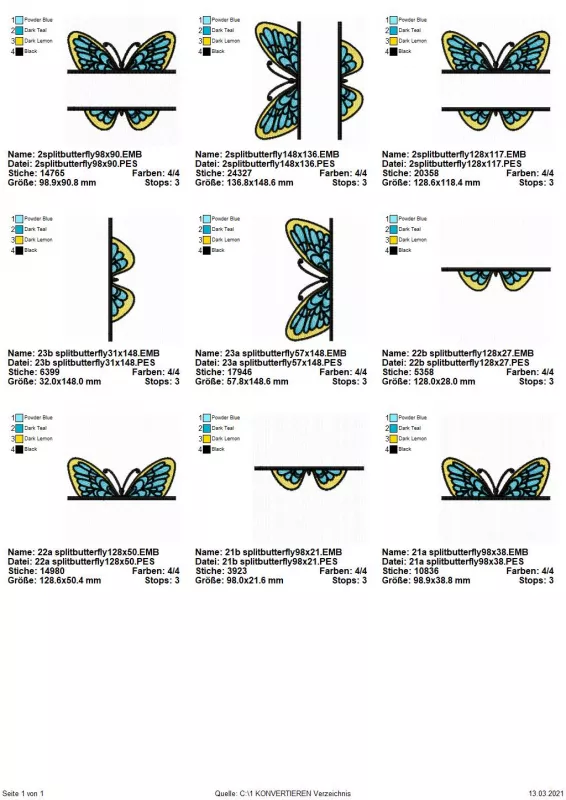 Stickdatei Split Butterfly 2, Übersicht über 9 Designs. 3 mal Türkis-schwarz-gelber Schmetterling, mittig quer davor freier Bestickungsplatz für Schriftzug. 3 mal nur Anteil oberhalb des Schriftzugareals, 3 mal nur Anteil unterhalb davon.